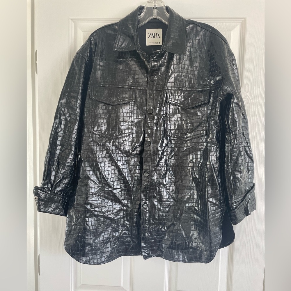 Zara Womens Small Black Leather Jacket Crocodile Skin Oversized Trenchcoat edgy